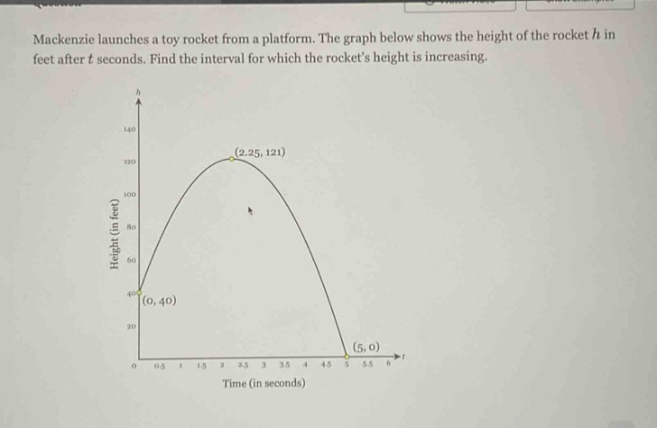 mackenzie launches a toy rocket from a platform. the graph below shows the height of the rocket h in feet after t seconds. find the interval for which the rockets height is increasing.