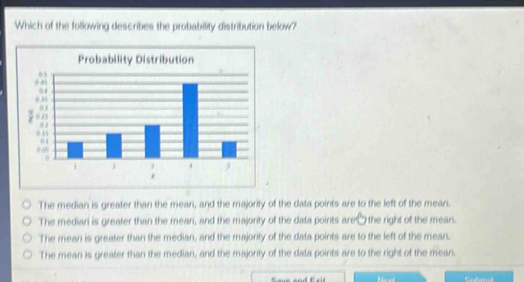 which of the following describes the probability distribution below?\nprobability distribution\nthe median is greater than the mean, and the majority of the data points are to the left of the mean.\nthe median is greater than the mean, and the majority of the data points are to the right of the mean.\nthe mean is greater than the median, and the majority of the data points are to the left of the mean.\nthe mean is greater than the median, and the majority of the data points are to the right of the mean.