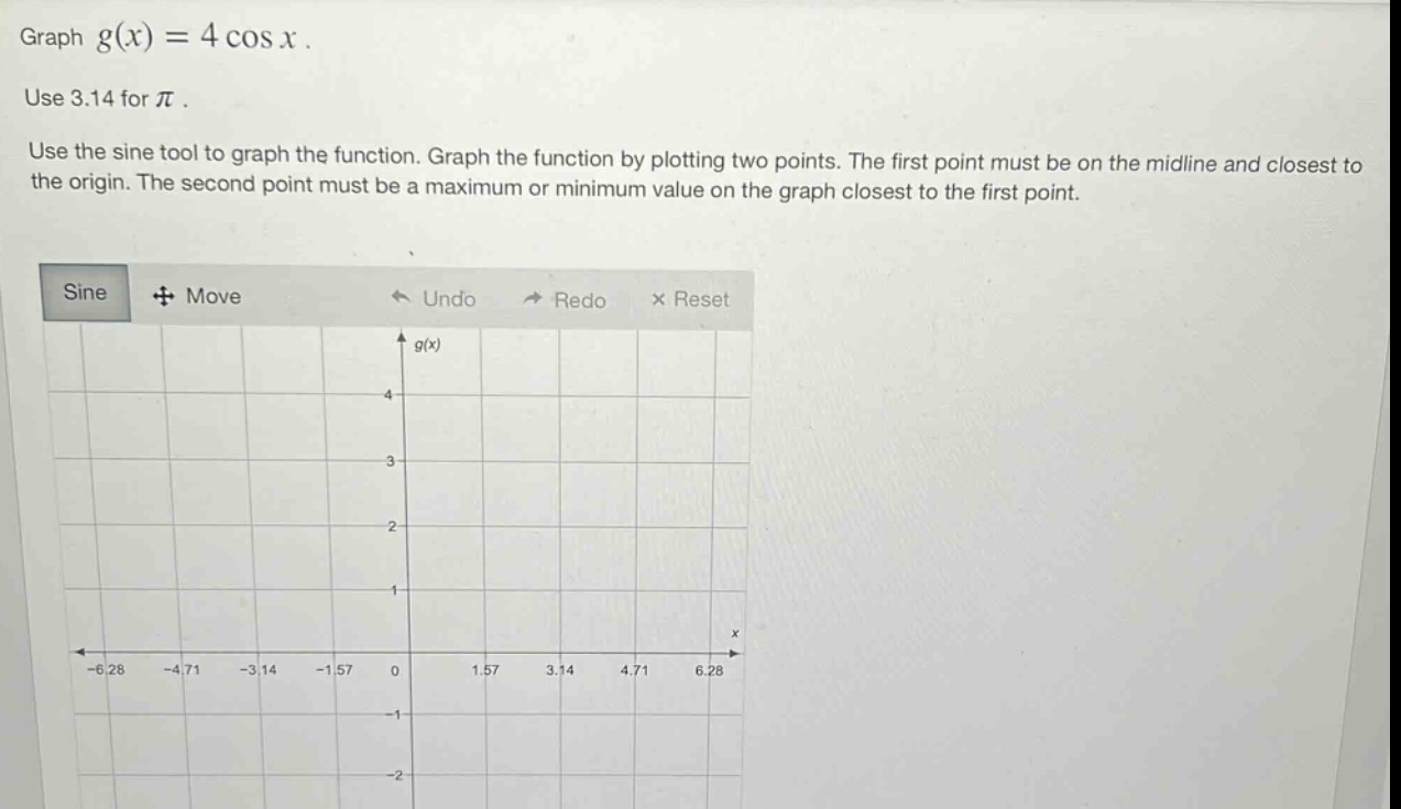 graph (g(x)=4cos x). use 3.14 for (pi). use the sine tool to graph the function. graph the function by plotting two points. the first point must be on the mid - line and closest to the origin. the second point must be a maximum or minimum value on the graph closest to the first point.