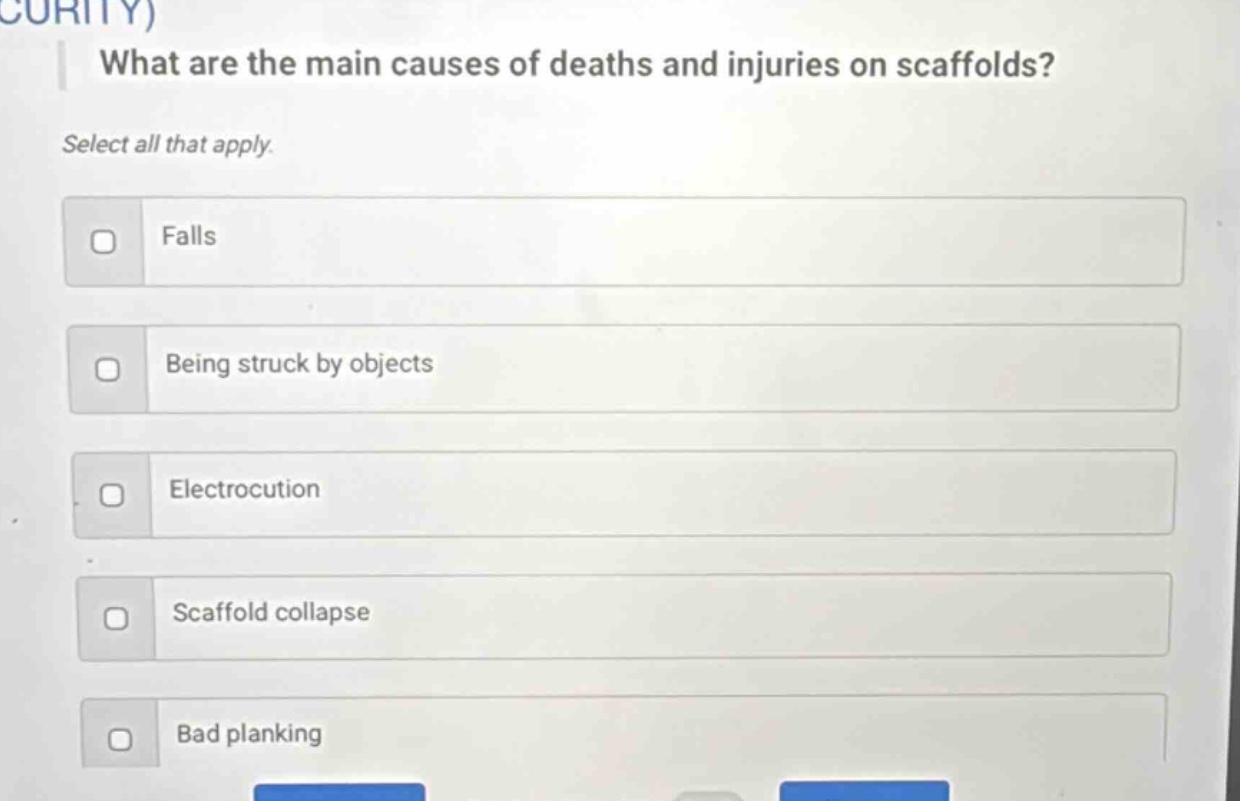 what are the main causes of deaths and injuries on scaffolds? select all that apply. falls being struck by objects electrocution scaffold collapse bad planking