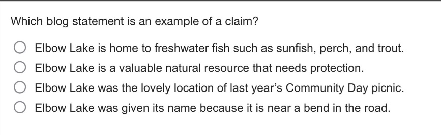 which blog statement is an example of a claim?\nelbow lake is home to freshwater fish such as sunfish, perch, and trout.\nelbow lake is a valuable natural resource that needs protection.\nelbow lake was the lovely location of last year’s community day picnic.\nelbow lake was given its name because it is near a bend in the road.