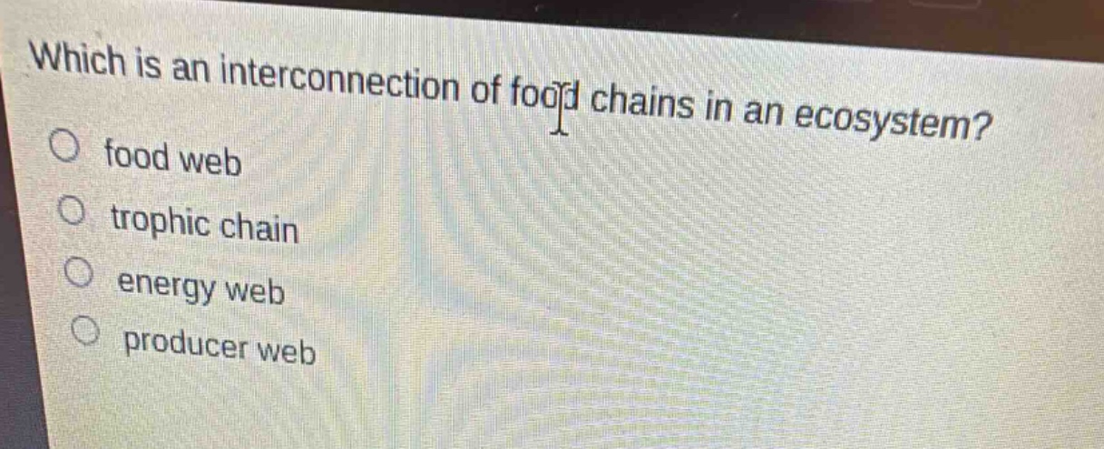 which is an interconnection of food chains in an ecosystem?\n○ food web\n○ trophic chain\n○ energy web\n○ producer web