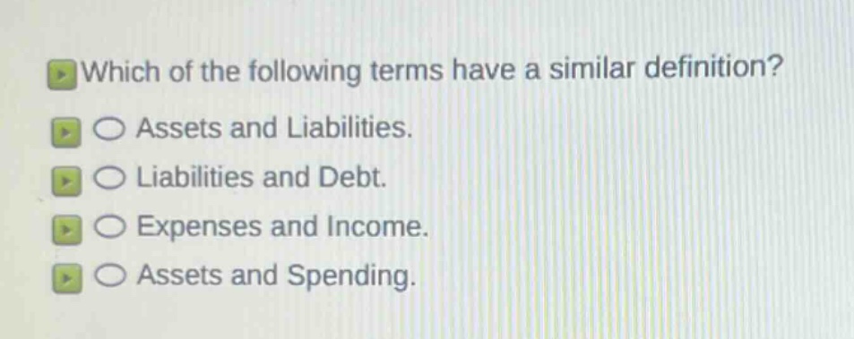which of the following terms have a similar definition?\n○ assets and liabilities.\n○ liabilities and debt.\n○ expenses and income.\n○ assets and spending.