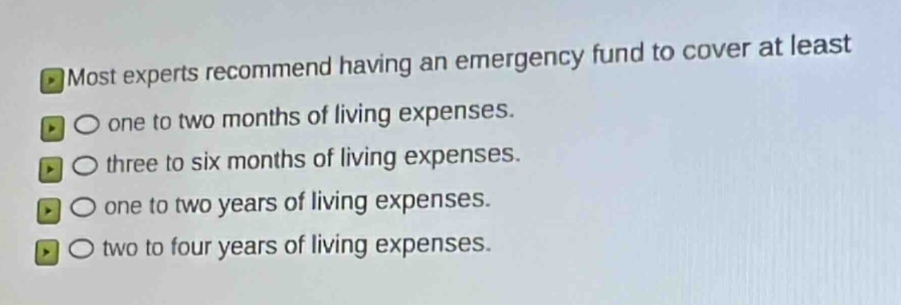most experts recommend having an emergency fund to cover at least\n○ one to two months of living expenses.\n○ three to six months of living expenses.\n○ one to two years of living expenses.\n○ two to four years of living expenses.