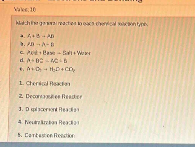 value: 16\nmatch the general reaction to each chemical reaction type.\na. a + b → ab\nb. ab → a + b\nc. acid + base → salt + water\nd. a + bc → ac + b\ne. a + o₂ → h₂o + co₂\n1. chemical reaction\n2. decomposition reaction\n3. displacement reaction\n4. neutralization reaction\n5. combustion reaction