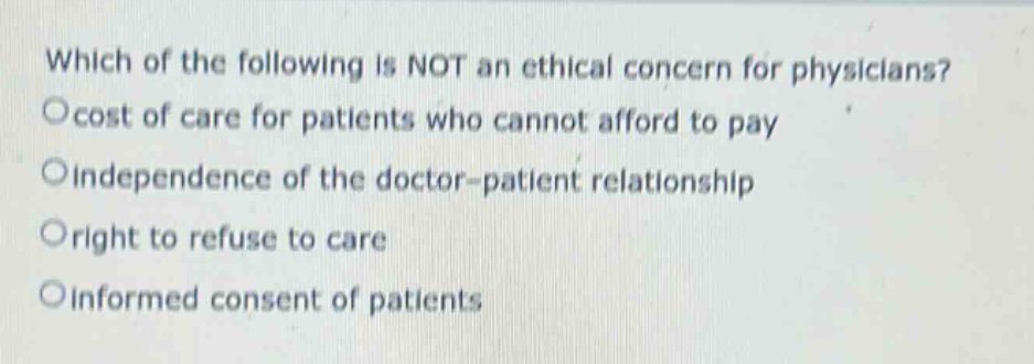 which of the following is not an ethical concern for physicians?\nocost of care for patients who cannot afford to pay\noindependence of the doctor - patient relationship\noright to refuse to care\noinformed consent of patients