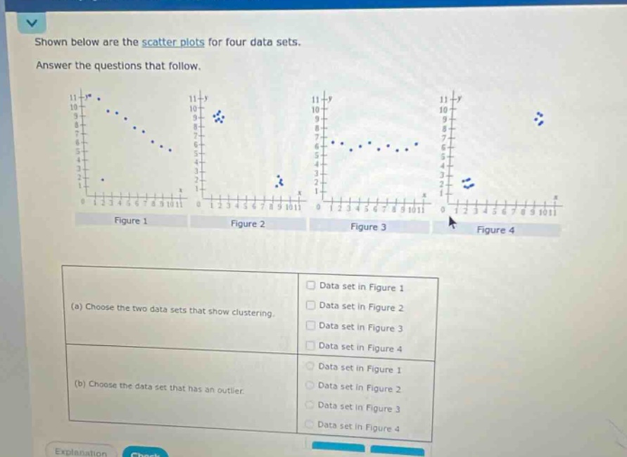 shown below are the scatter plots for four data sets. answer the questions that follow. (a) choose the two data sets that show clustering. (b) choose the data set that has an outlier.