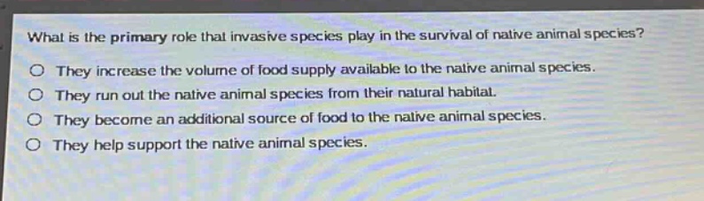 what is the primary role that invasive species play in the survival of native animal species?\no they increase the volume of food supply available to the native animal species.\no they run out the native animal species from their natural habitat.\no they become an additional source of food to the native animal species.\no they help support the native animal species.