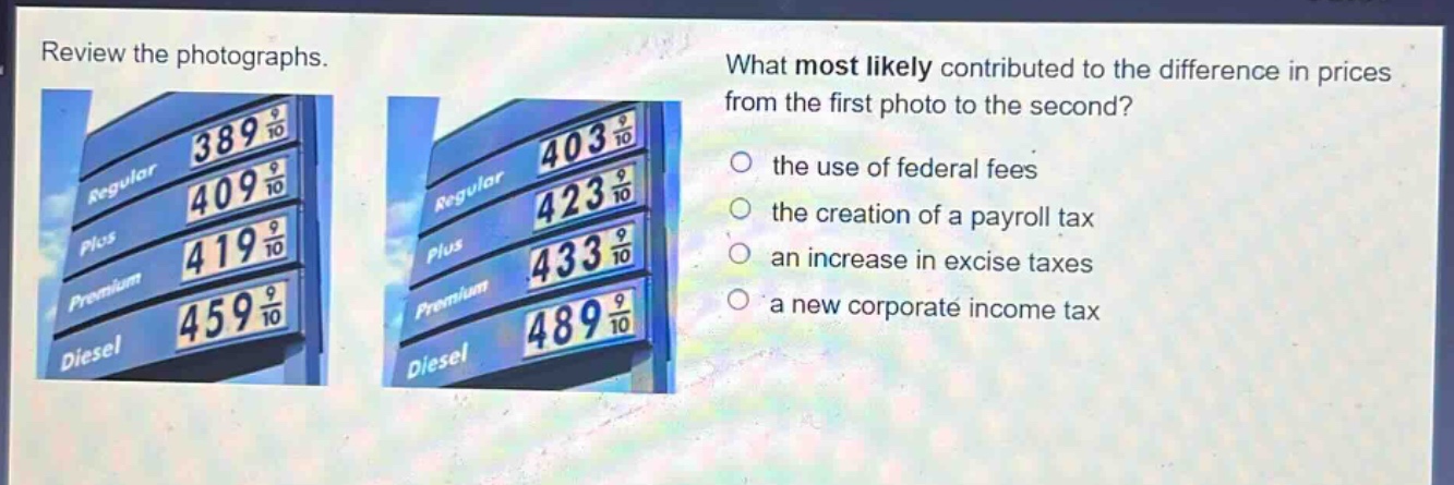 review the photographs. what most likely contributed to the difference in prices from the first photo to the second? the use of federal fees the creation of a payroll tax an increase in excise taxes a new corporate income tax