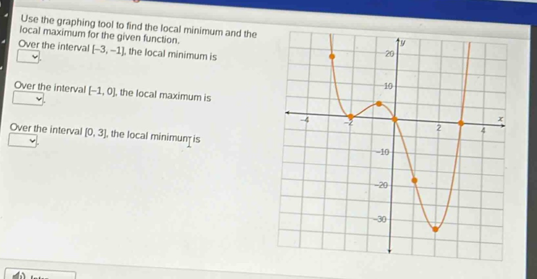 use the graphing tool to find the local minimum and the local maximum for the given function. over the interval -3, -1, the local minimum is. over the interval -1, 0, the local maximum is. over the interval 0, 3, the local minimum is.