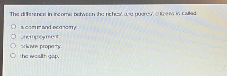 the difference in income between the richest and poorest citizens is called\na command economy.\nunemployment.\nprivate property.\nthe wealth gap.