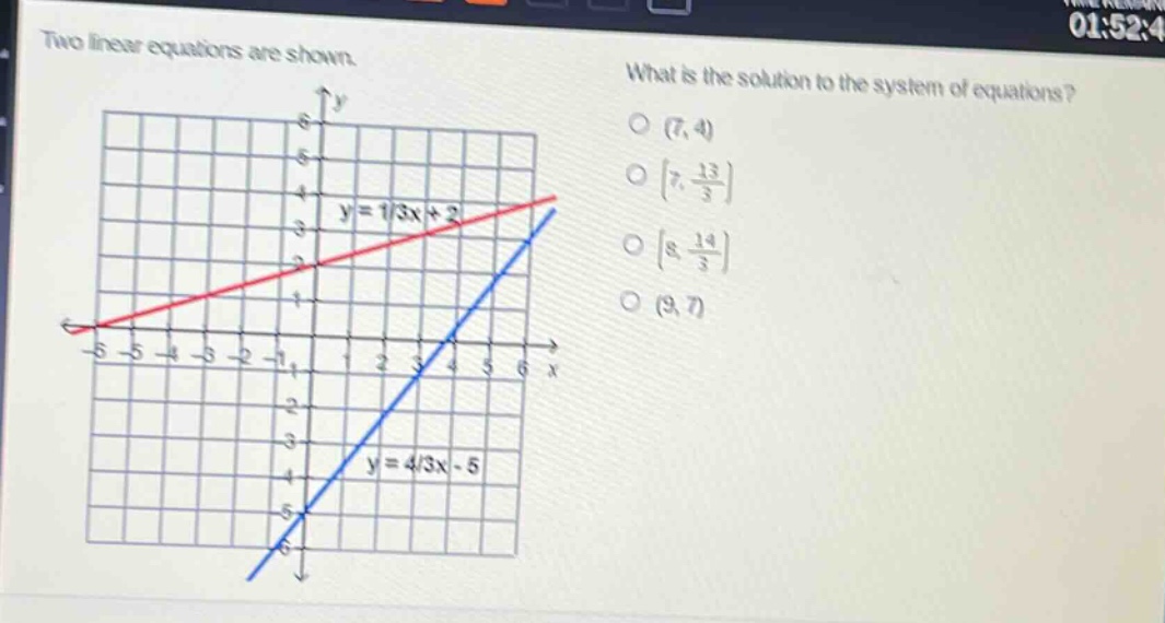 two linear equations are shown. what is the solution to the system of equations? y = 1/3x + 2 y = 4/3x - 5