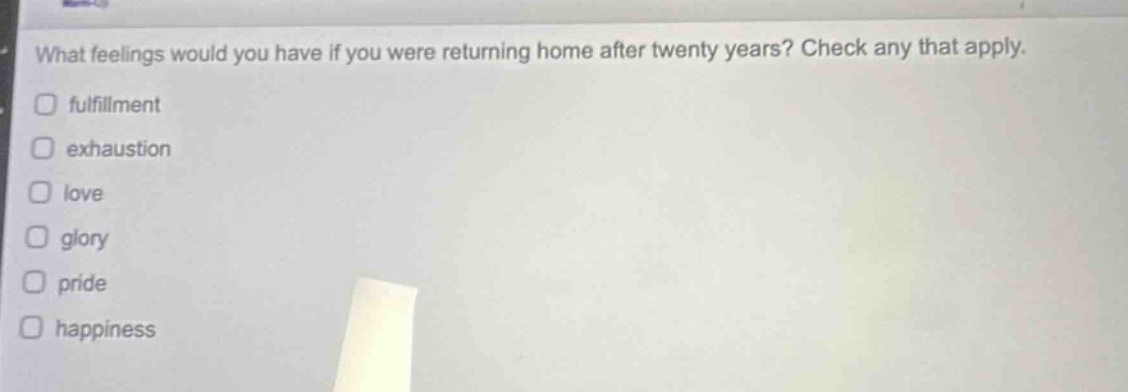 what feelings would you have if you were returning home after twenty years? check any that apply.\n□ fulfillment\n□ exhaustion\n□ love\n□ glory\n□ pride\n□ happiness