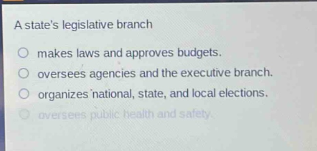a states legislative branch\nmakes laws and approves budgets.\noversees agencies and the executive branch.\norganizes national, state, and local elections.\noversees public health and safety.