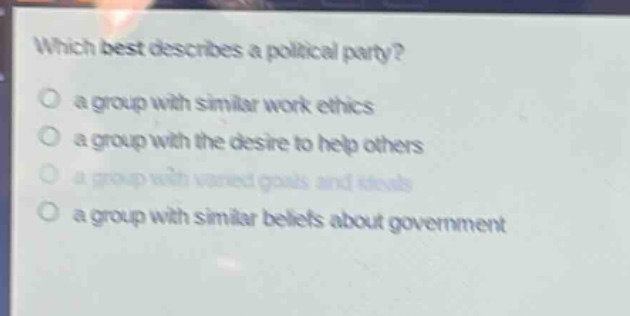 which best describes a political party?\no a group with similar work ethics\no a group with the desire to help others\no a group with varied goals and ideals\no a group with similar beliefs about government