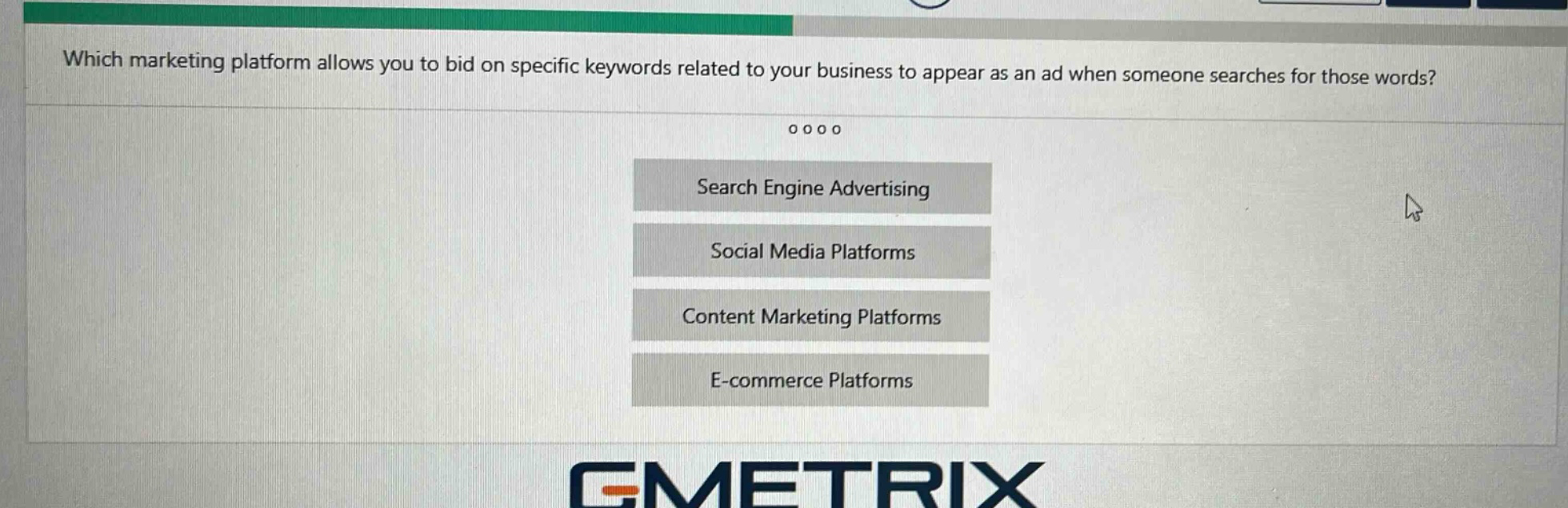 which marketing platform allows you to bid on specific keywords related to your business to appear as an ad when someone searches for those words?\nsearch engine advertising\nsocial media platforms\ncontent marketing platforms\ne - commerce platforms