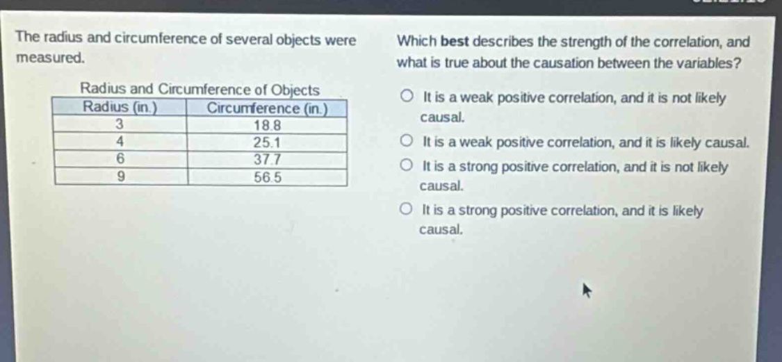 the radius and circumference of several objects were measured.\nradius and circumference of objects\n|radius (in.)|circumference (in.)|\n|----|----|\n|3|18.8|\n|4|25.1|\n|6|37.7|\n|9|56.5|\nwhich best describes the strength of the correlation, and what is true about the causation between the variables?\no it is a weak positive correlation, and it is not likely causal.\no it is a weak positive correlation, and it is likely causal.\no it is a strong positive correlation, and it is not likely causal.\no it is a strong positive correlation, and it is likely causal.