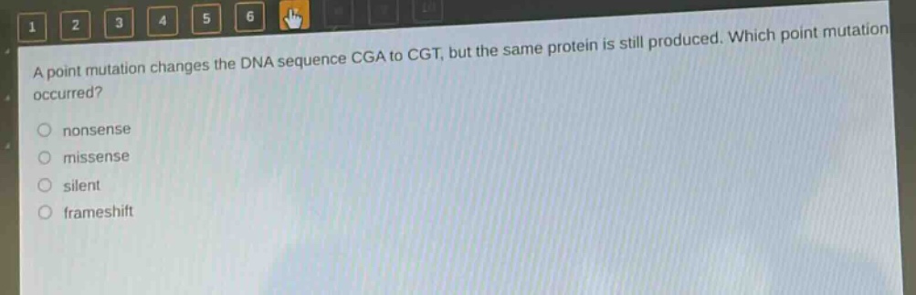a point mutation changes the dna sequence cga to cgt, but the same protein is still produced. which point mutation occurred?\n○ nonsense\n○ missense\n○ silent\n○ frameshift
