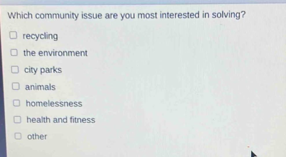which community issue are you most interested in solving?\n□ recycling\n□ the environment\n□ city parks\n□ animals\n□ homelessness\n□ health and fitness\n□ other