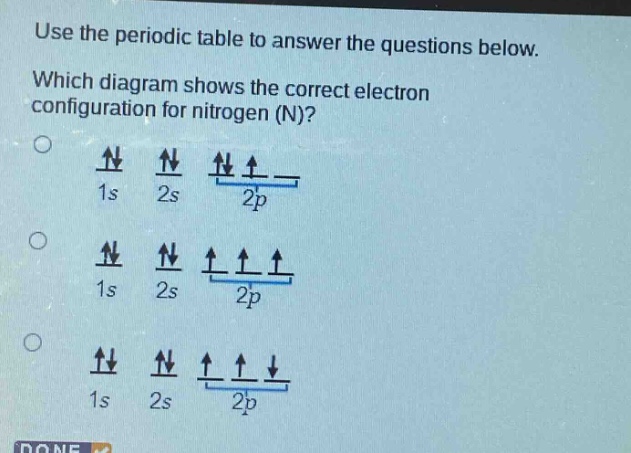 use the periodic table to answer the questions below. which diagram shows the correct electron configuration for nitrogen (n)?