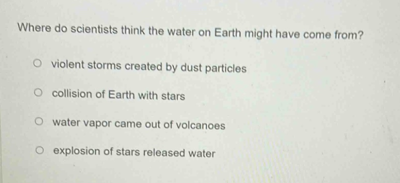 where do scientists think the water on earth might have come from?\no violent storms created by dust particles\no collision of earth with stars\no water vapor came out of volcanoes\no explosion of stars released water