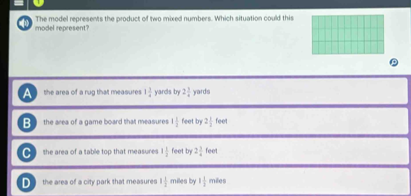 the model represents the product of two mixed numbers. which situation could this model represent? a the area of a rug that measures 1 1/4 yards by 2 1/4 yards b the area of a game board that measures 1 1/2 feet by 2 1/2 feet c the area of a table top that measures 1 1/2 feet by 2 1/4 feet d the area of a city park that measures 1 1/2 miles by 1 1/2 miles