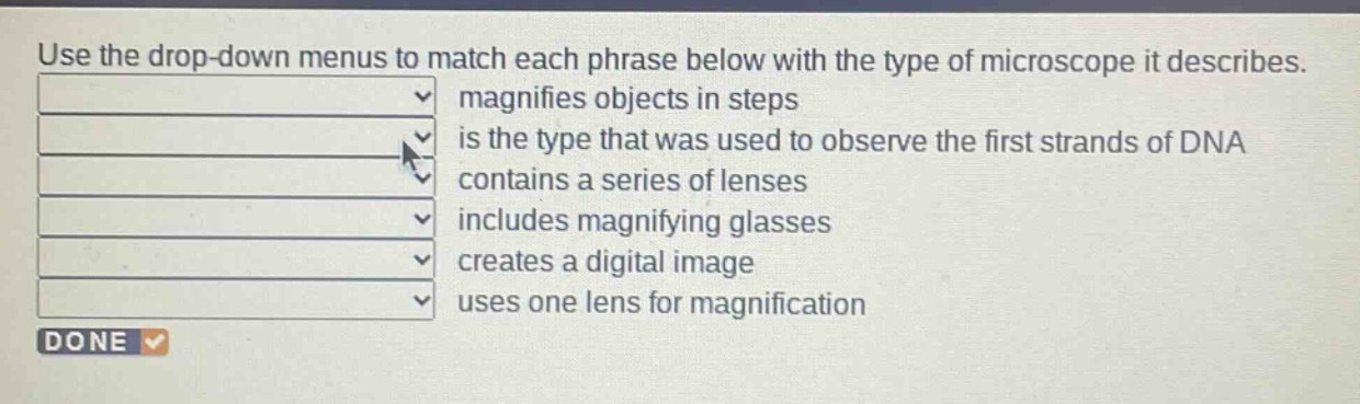 use the drop - down menus to match each phrase below with the type of microscope it describes. magnifies objects in steps is the type that was used to observe the first strands of dna contains a series of lenses includes magnifying glasses creates a digital image uses one lens for magnification
