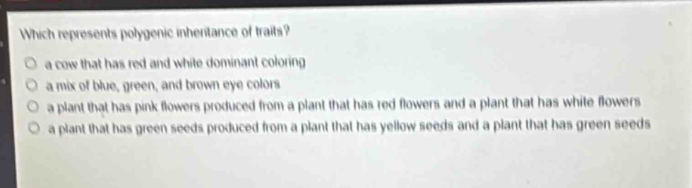 which represents polygenic inheritance of traits?\no a cow that has red and white dominant coloring\no a mix of blue, green, and brown eye colors\no a plant that has pink flowers produced from a plant that has red flowers and a plant that has white flowers\no a plant that has green seeds produced from a plant that has yellow seeds and a plant that has green seeds