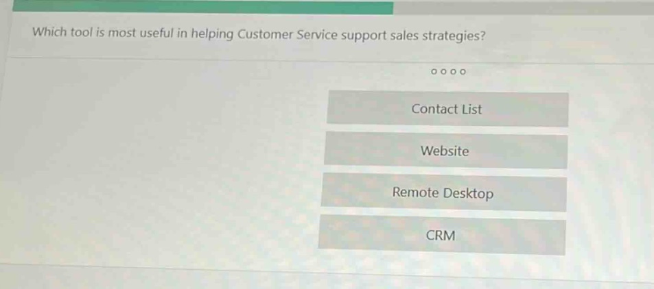 which tool is most useful in helping customer service support sales strategies?\ncontact list\nwebsite\nremote desktop\ncrm