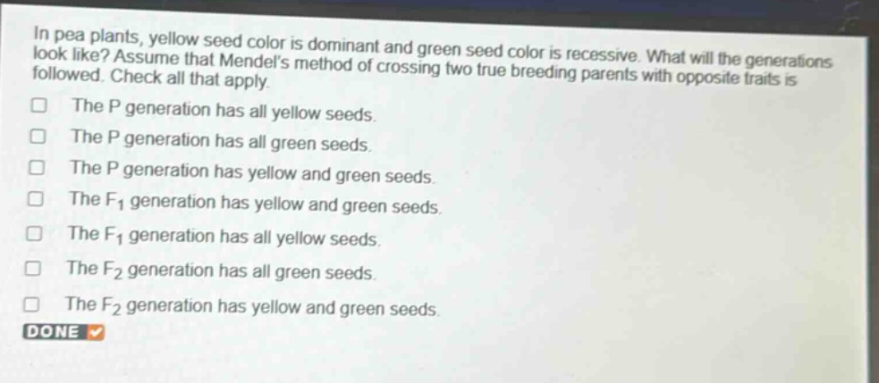 in pea plants, yellow seed color is dominant and green seed color is recessive. what will the generations look like? assume that mendels method of crossing two true - breeding parents with opposite traits is followed. check all that apply.\nthe p generation has all yellow seeds.\nthe p generation has all green seeds.\nthe p generation has yellow and green seeds.\nthe f1 generation has yellow and green seeds.\nthe f1 generation has all yellow seeds.\nthe f2 generation has all green seeds.\nthe f2 generation has yellow and green seeds.\ndone