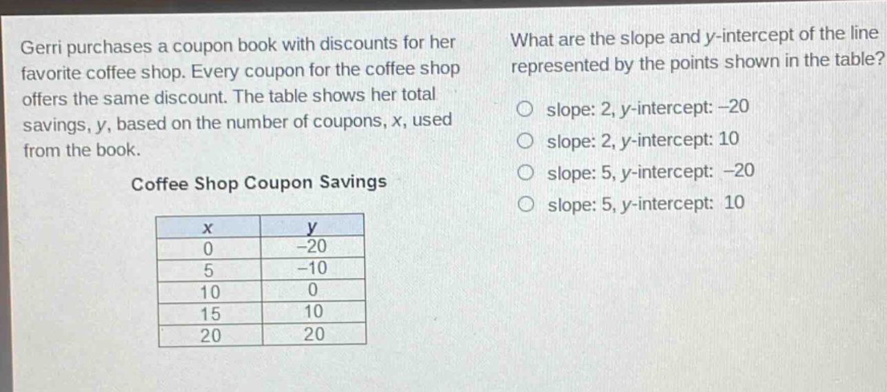gerri purchases a coupon book with discounts for her favorite coffee shop. every coupon for the coffee shop offers the same discount. the table shows her total savings, y, based on the number of coupons, x, used from the book. coffee shop coupon savings\n| x | y |\n|----|----|\n| 0 | -20 |\n| 5 | -10 |\n| 10 | 0 |\n| 15 | 10 |\n| 20 | 20 |\nwhat are the slope and y - intercept of the line represented by the points shown in the table?\nslope: 2, y - intercept: -20\nslope: 2, y - intercept: 10\nslope: 5, y - intercept: -20\nslope: 5, y - intercept: 10