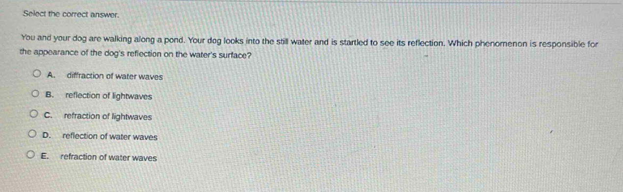 select the correct answer.\nyou and your dog are walking along a pond. your dog looks into the still water and is startled to see its reflection. which phenomenon is responsible for the appearance of the dogs reflection on the waters surface?\na. diffraction of water waves\nb. reflection of lightwaves\nc. refraction of lightwaves\nd. reflection of water waves\ne. refraction of water waves