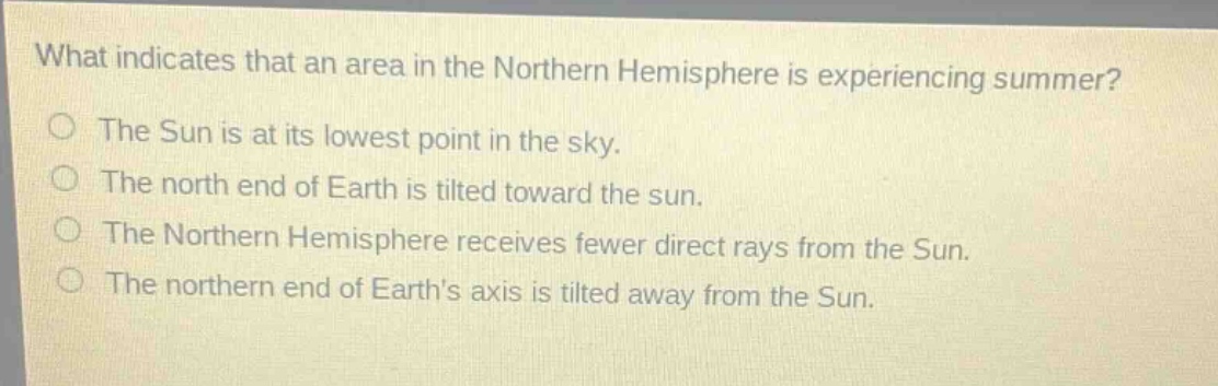 what indicates that an area in the northern hemisphere is experiencing summer?\nthe sun is at its lowest point in the sky.\nthe north end of earth is tilted toward the sun.\nthe northern hemisphere receives fewer direct rays from the sun.\nthe northern end of earths axis is tilted away from the sun.