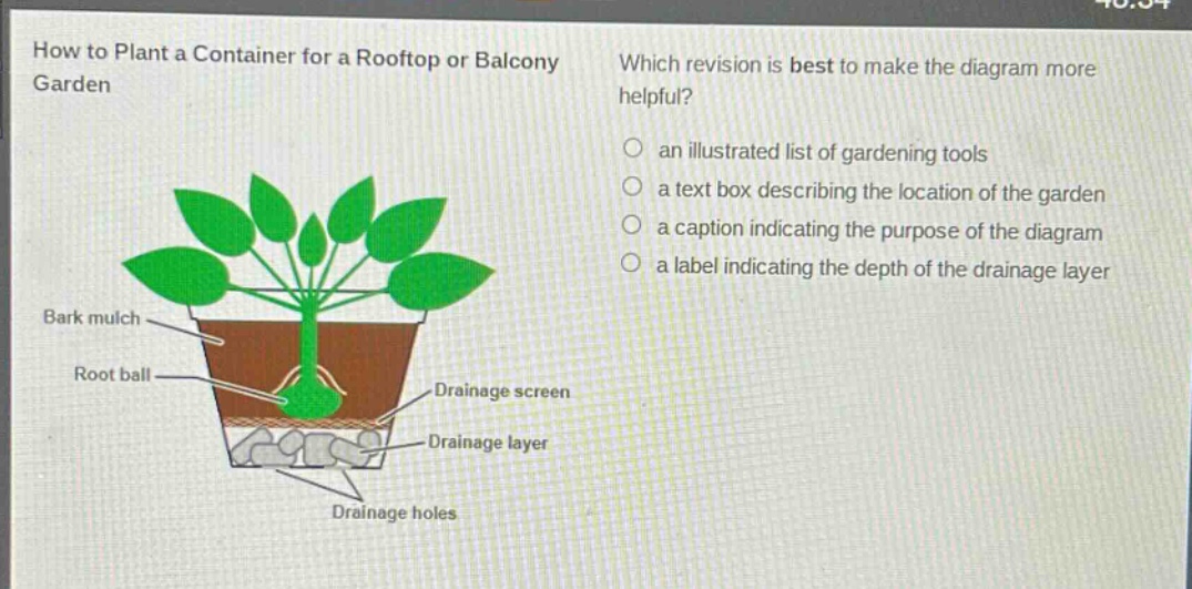 how to plant a container for a rooftop or balcony garden\nwhich revision is best to make the diagram more helpful?\nan illustrated list of gardening tools\na text box describing the location of the garden\na caption indicating the purpose of the diagram\na label indicating the depth of the drainage layer\nbark mulch\nroot ball\ndrainage screen\ndrainage layer\ndrainage holes