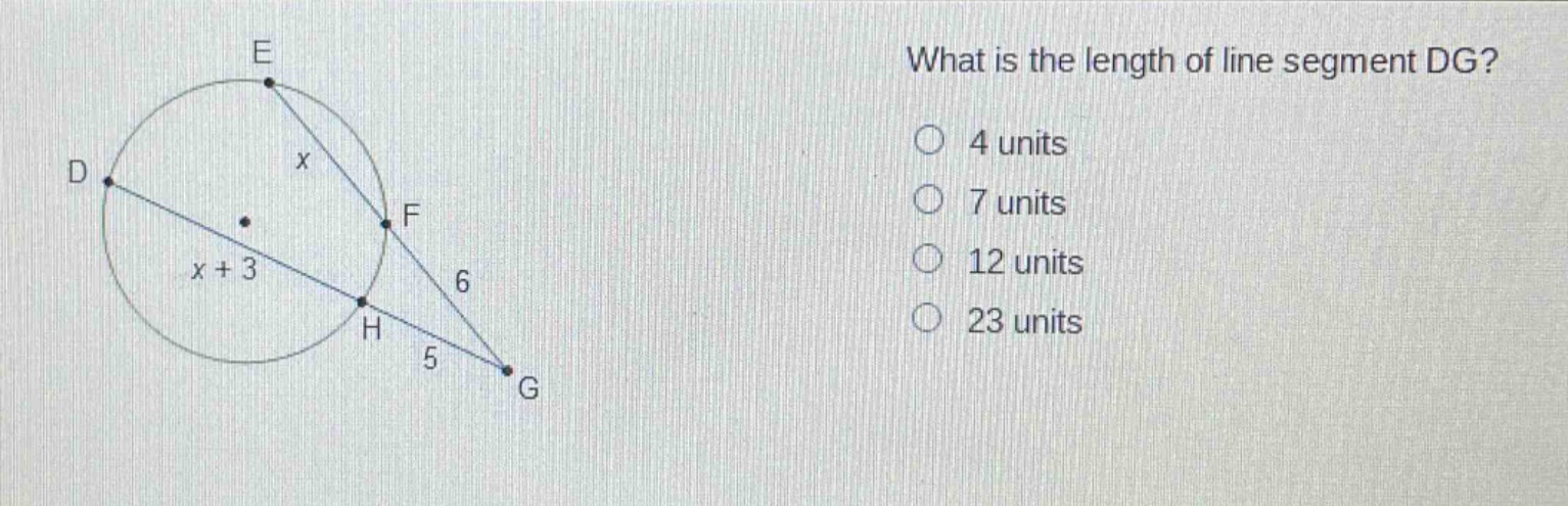 what is the length of line segment dg? 4 units 7 units 12 units 23 units