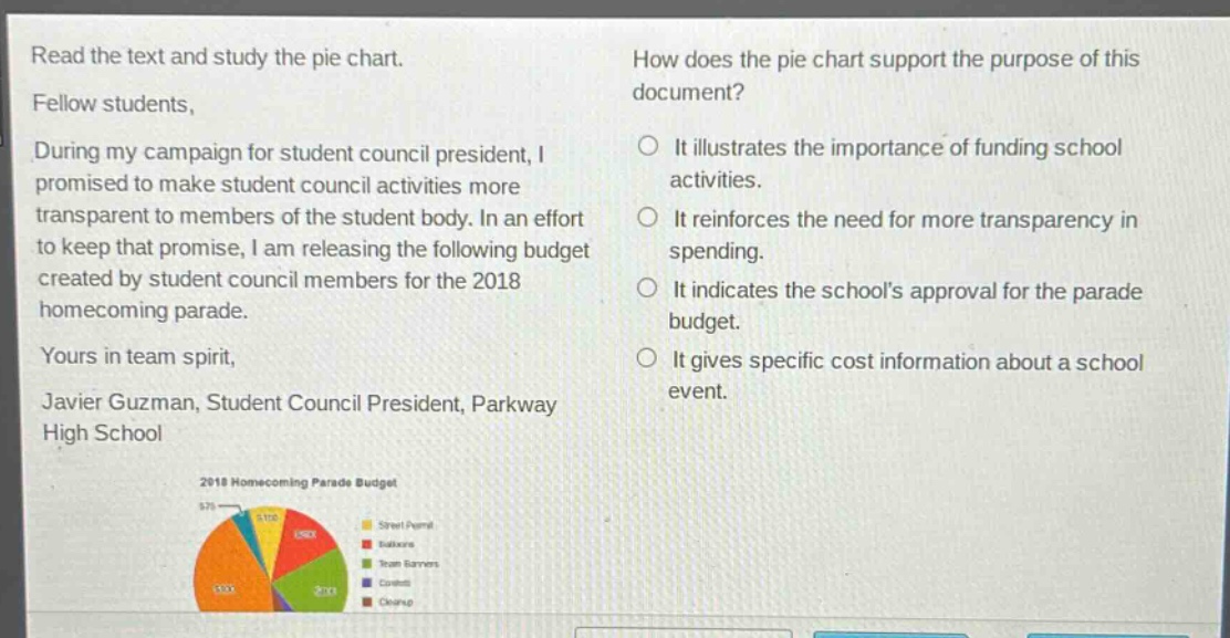 read the text and study the pie chart. fellow students, during my campaign for student council president, i promised to make student council activities more transparent to members of the student body. in an effort to keep that promise, i am releasing the following budget created by student council members for the 2018 homecoming parade. yours in team spirit, javier guzman, student council president, parkway high school how does the pie chart support the purpose of this document? it illustrates the importance of funding school activities. it reinforces the need for more transparency in spending. it indicates the schools approval for the parade budget. it gives specific cost information about a school event.