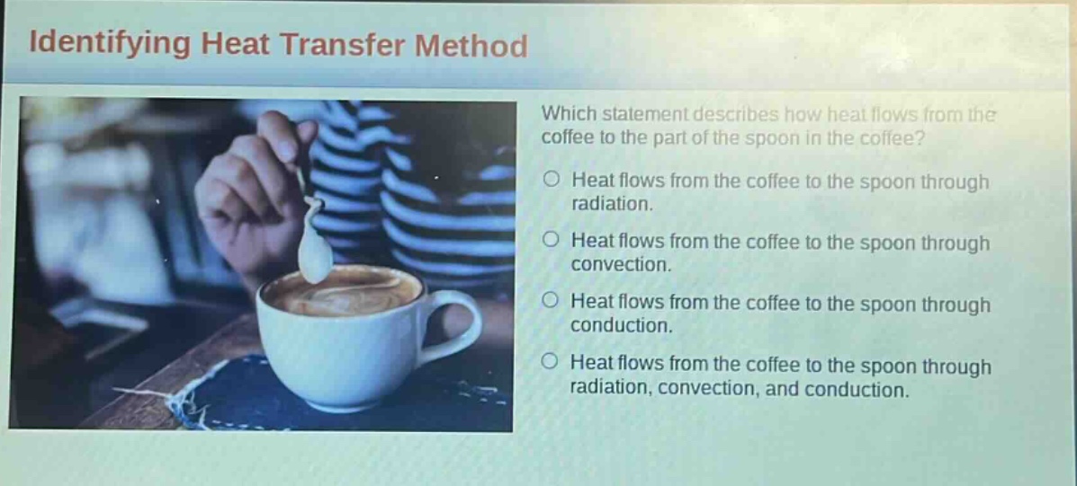 identifying heat transfer method\nwhich statement describes how heat flows from the coffee to the part of the spoon in the coffee?\nheat flows from the coffee to the spoon through radiation.\nheat flows from the coffee to the spoon through convection.\nheat flows from the coffee to the spoon through conduction.\nheat flows from the coffee to the spoon through radiation, convection, and conduction.