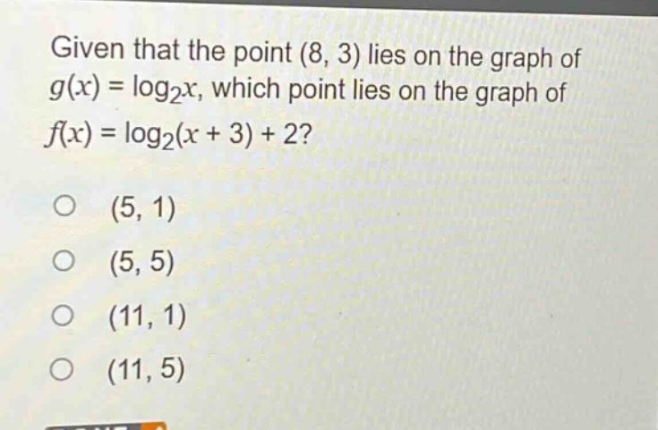 given that the point (8, 3) lies on the graph of $g(x)=log_2x$, which point lies on the graph of $f(x)=log_2(x + 3)+2$?\n(5, 1)\n(5, 5)\n(11, 1)\n(11, 5)
