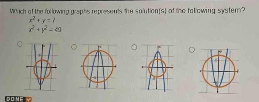which of the following graphs represents the solution(s) of the following system?\n$x^{2}+y = 7$\n$x^{2}+y^{2}=49$
