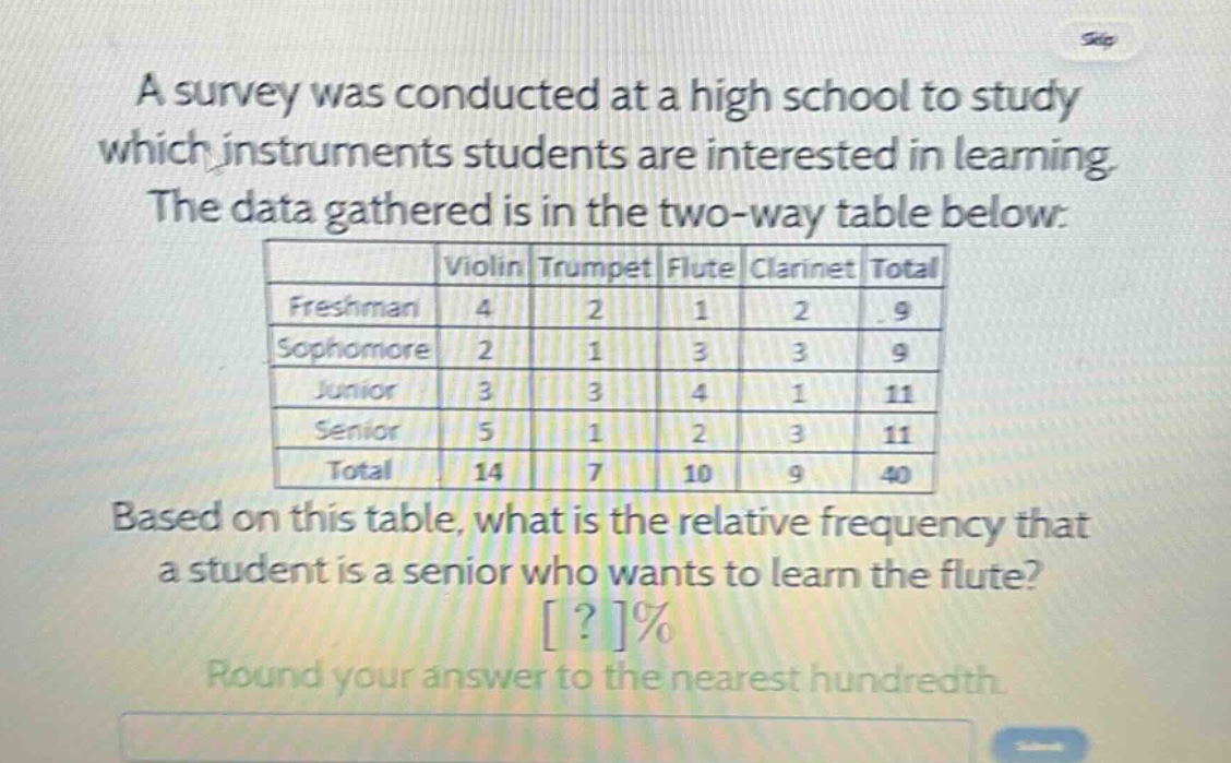 a survey was conducted at a high school to study which instruments students are interested in learning. the data gathered is in the two - way table below:\n| |violin|trumpet|flute|clarinet|total|\n|----|----|----|----|----|----|\n|freshman|4|2|1|2|9|\n|sophomore|2|1|3|3|9|\n|junior|3|3|4|1|11|\n|senior|5|1|2|3|11|\n|total|14|7|10|9|40|\nbased on this table, what is the relative frequency that a student is a senior who wants to learn the flute? ?% \nround your answer to the nearest hundredth.