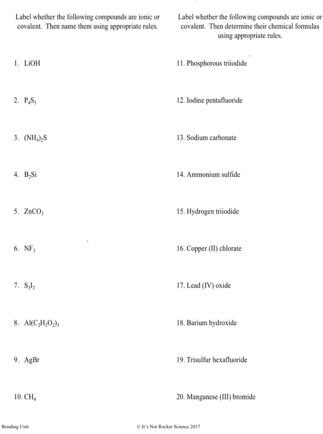 label whether the following compounds are ionic or covalent. then name them using appropriate rules.\n1. lioh\n2. p₄s₅\n3. (nh₄)₂s\n4. b₂si\n5. znco₃\n6. nf₃\n7. s₃i₂\n8. al(c₂h₃o₂)₃\n9. agbr\n10. ch₄\nlabel whether the following compounds are ionic or covalent. then determine their chemical formulas using appropriate rules.\n11. phosphorous triiodide\n12. iodine pentafluoride\n13. sodium carbonate\n14. ammonium sulfide\n15. hydrogen triiodide\n16. copper (ii) chlorate\n17. lead (iv) oxide\n18. barium hydroxide\n19. trisulfur hexafluoride\n20. manganese (iii) bromide