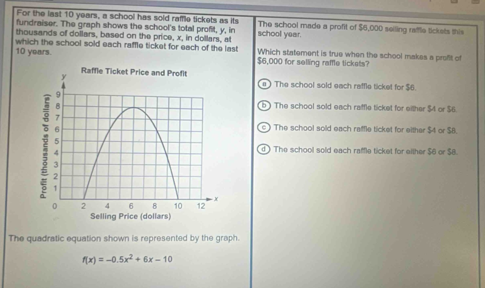 for the last 10 years, a school has sold raffle tickets as its fundraiser. the graph shows the schools total profit, y, in thousands of dollars, based on the price, x, in dollars, at which the school sold each raffle ticket for each of the last 10 years. the school made a profit of $6,000 selling raffle tickets this school year. which statement is true when the school makes a profit of $6,000 for selling raffle tickets? a the school sold each raffle ticket for $6. b the school sold each raffle ticket for either $4 or $6. c the school sold each raffle ticket for either $4 or $8. d the school sold each raffle ticket for either $6 or $8. the quadratic equation shown is represented by the graph. f(x)=-0.5x^{2}+6x - 10