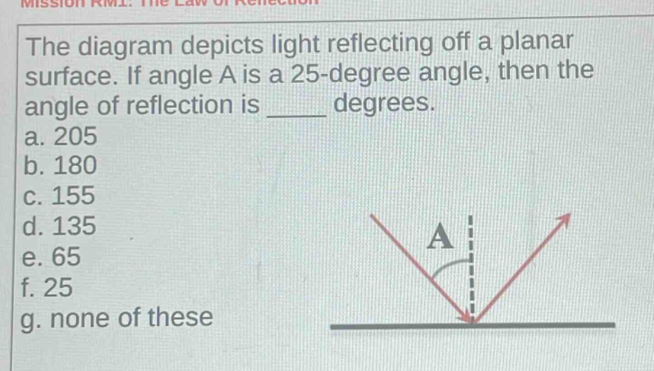 the diagram depicts light reflecting off a planar surface. if angle a is a 25 - degree angle, then the angle of reflection is ____ degrees.\na. 205\nb. 180\nc. 155\nd. 135\ne. 65\nf. 25\ng. none of these