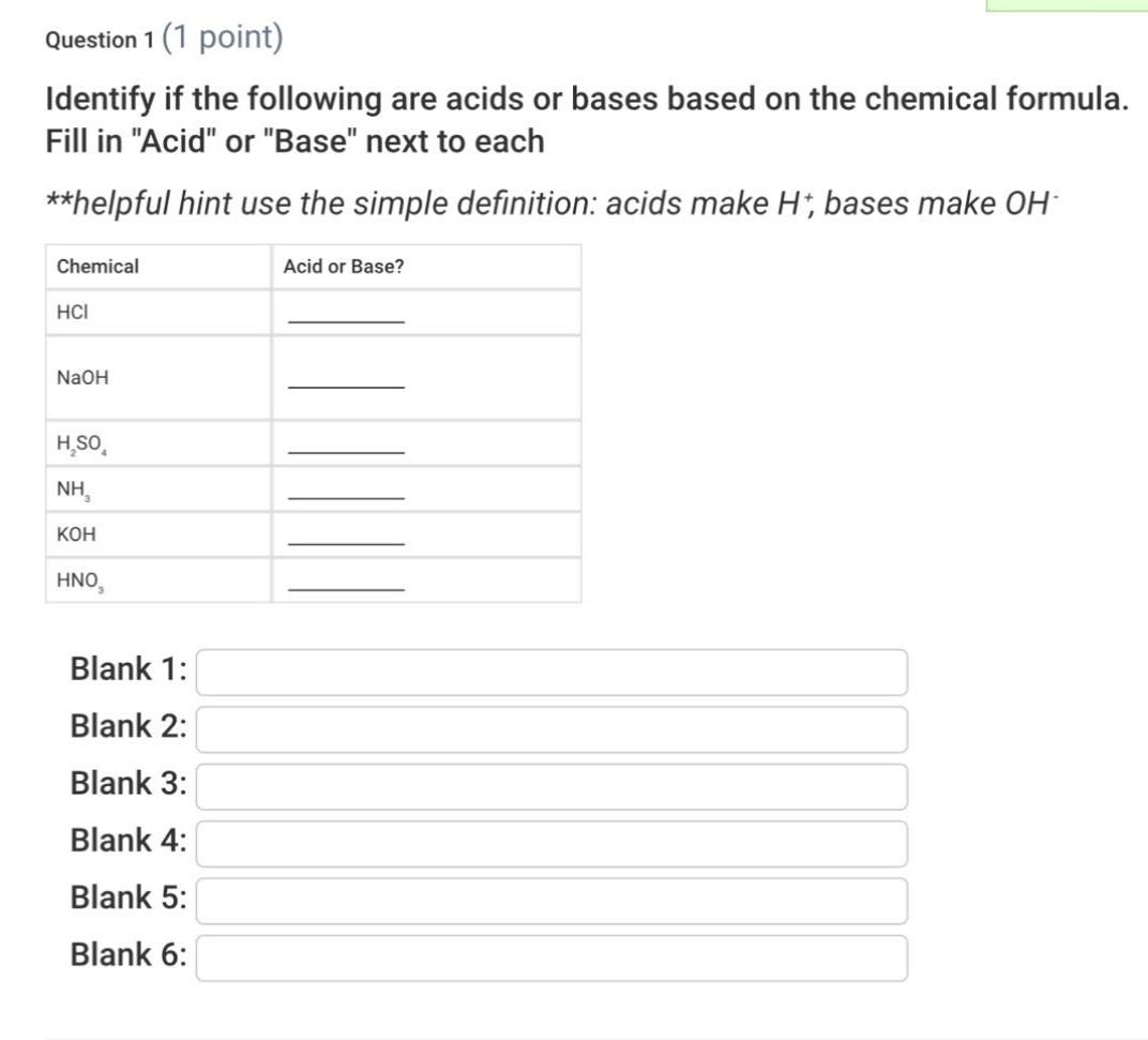 question 1 (1 point)\nidentify if the following are acids or bases based on the chemical formula. fill in \acid\ or \base\ next to each\n**helpful hint use the simple definition: acids make h+, bases make oh-\nchemical|acid or base?\nhcl|\nnaoh|\nh₂so₄|\nnh₃|\nkoh|\nhno₃|\nblank 1:\nblank 2:\nblank 3:\nblank 4:\nblank 5:\nblank 6: