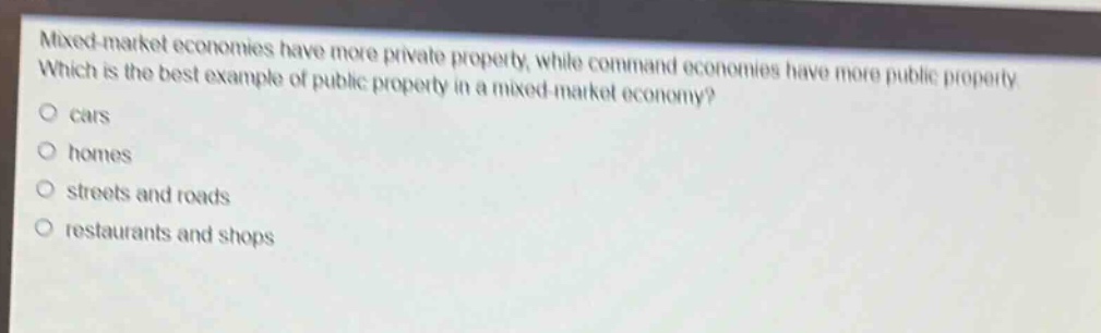 mixed - market economies have more private property, while command economies have more public property. which is the best example of public property in a mixed - market economy?\n○ cars\n○ homes\n○ streets and roads\n○ restaurants and shops