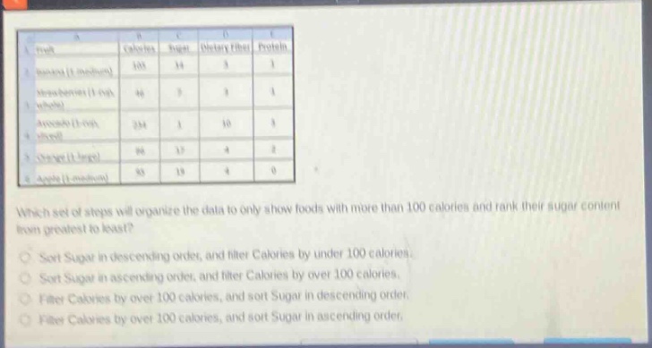 which set of steps will organize the data to only show foods with more than 100 calories and rank their sugar content from greatest to least?\nsort sugar in descending order, and filter calories by under 100 calories.\nsort sugar in ascending order, and filter calories by over 100 calories.\nfilter calories by over 100 calories, and sort sugar in descending order.\nfilter calories by over 100 calories, and sort sugar in ascending order.