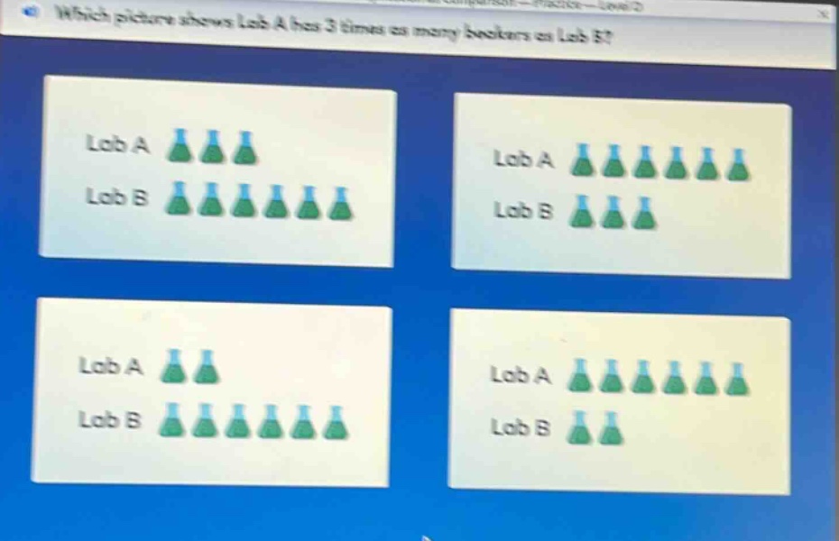which picture shows lab a has 3 times as many beakers as lab b? lab a lab b lab a lab b lab a lab b lab a lab b