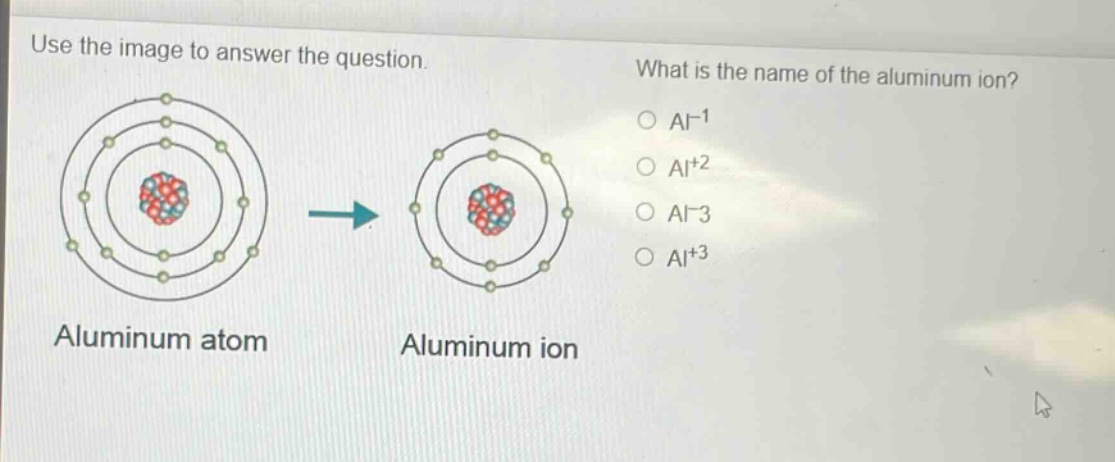 use the image to answer the question. what is the name of the aluminum ion? o al⁻¹ o al⁺² o al⁻³ o al⁺³ aluminum atom aluminum ion