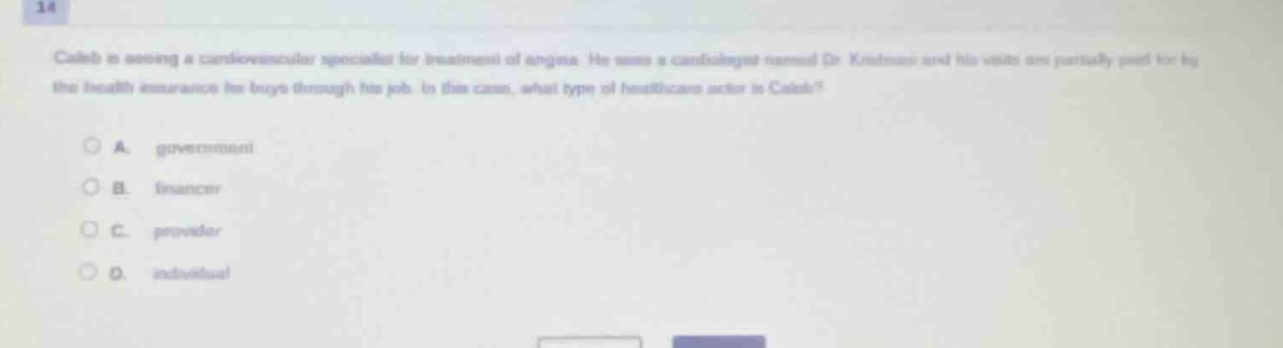 caleb is seeing a cardiovascular specialist for treatment of angina. he sees a cardiologist named dr. kleinman and his visits are partially paid for by the health insurance he buys through his job. in this case, what type of healthcare actor is caleb?\n\na. government\n\nb. financer\n\nc. provider\n\nd. individual