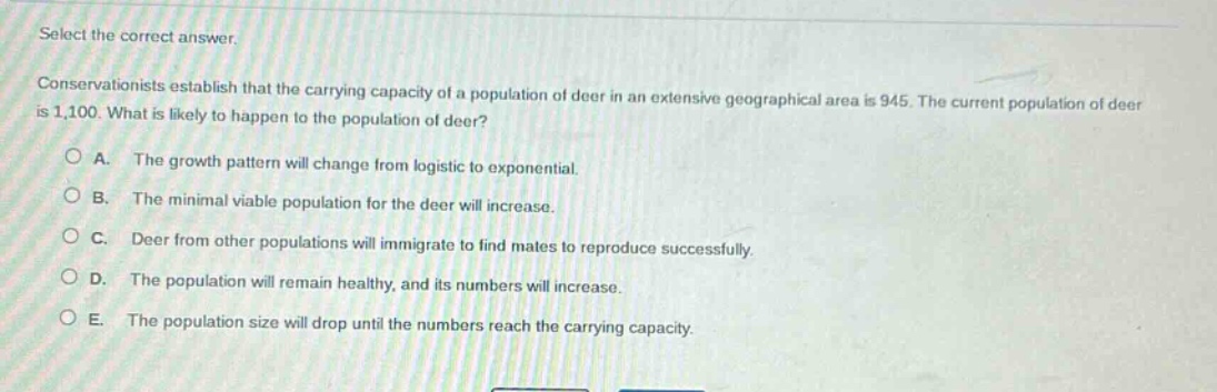 select the correct answer.\nconservationists establish that the carrying capacity of a population of deer in an extensive geographical area is 945. the current population of deer is 1,100. what is likely to happen to the population of deer?\na. the growth pattern will change from logistic to exponential.\nb. the minimal viable population for the deer will increase.\nc. deer from other populations will immigrate to find mates to reproduce successfully.\nd. the population will remain healthy, and its numbers will increase.\ne. the population size will drop until the numbers reach the carrying capacity.